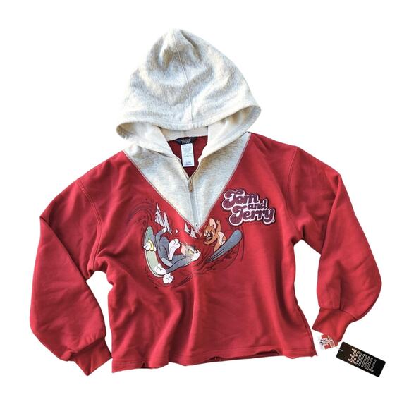 TRUCE Girl's Dark Red Terry Cotton Tom & Jerry Crop Hoodie Big Kids Size L / 14 - Picture 2 of 6